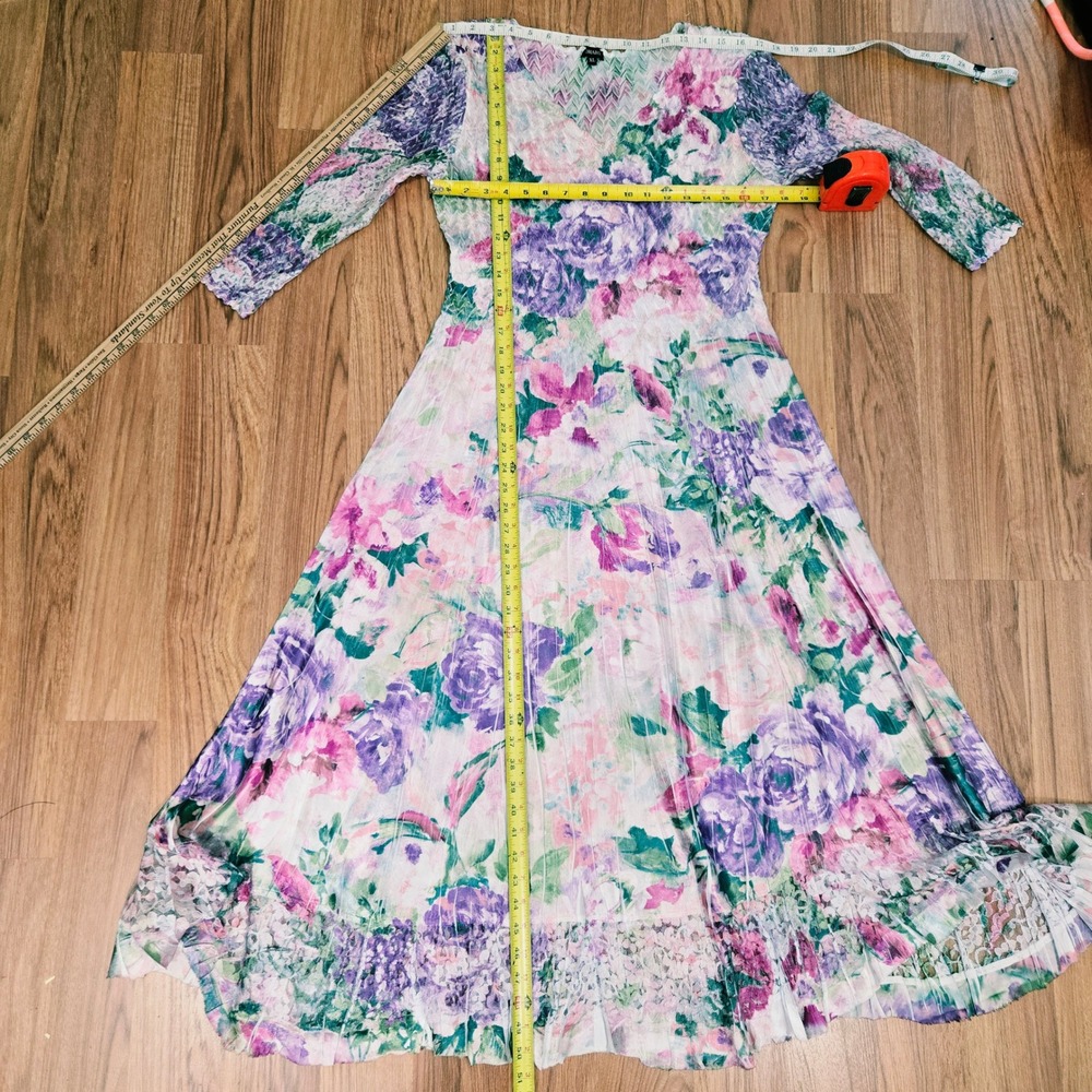 Komarov Maxi Dress XL Purple Floral Pleated Lace Trim Watercolor Crinkle Garden - Picture 13 of 14